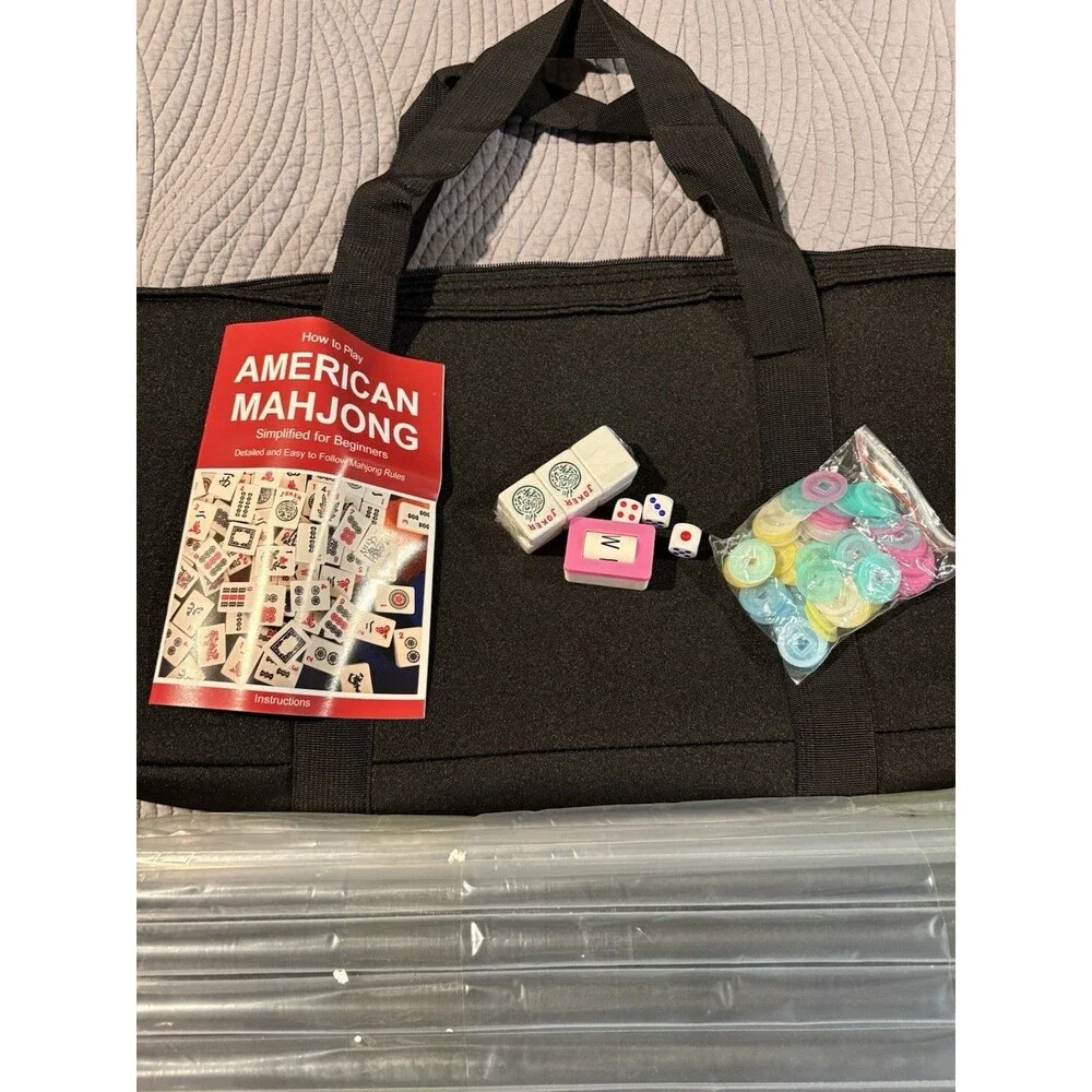 166 Black American Printed Mahjong Game Set with Carrying Bag and Accessories,1.